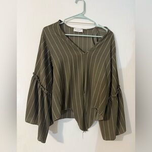 Lavender Field Green Tan Asymmetrical Bell Sleeve Blouse